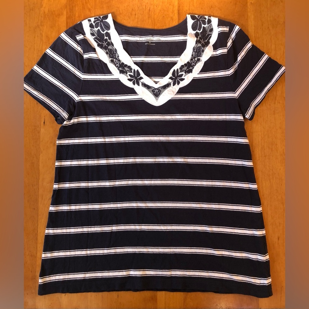 CROFT & BARROW Navy Blue & White Striped Short Sleeve Top w/ Embroidered Lace- S